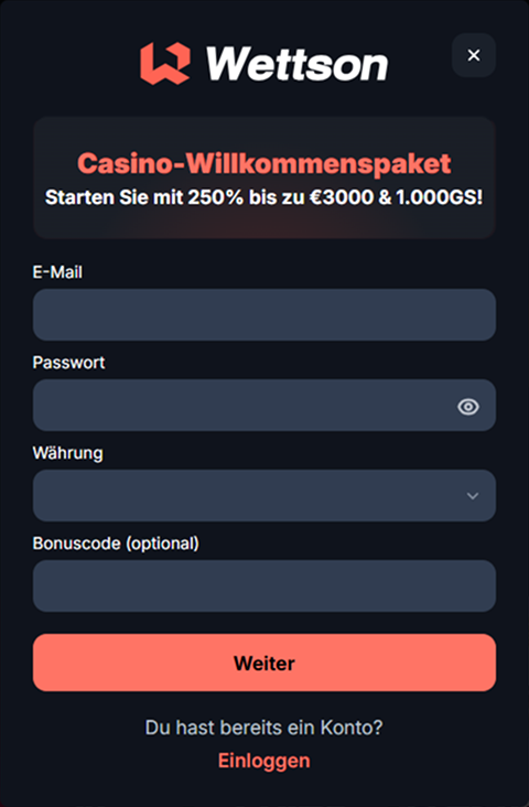 registration Registrierung E-Mail Passwort Währung Bonuscode